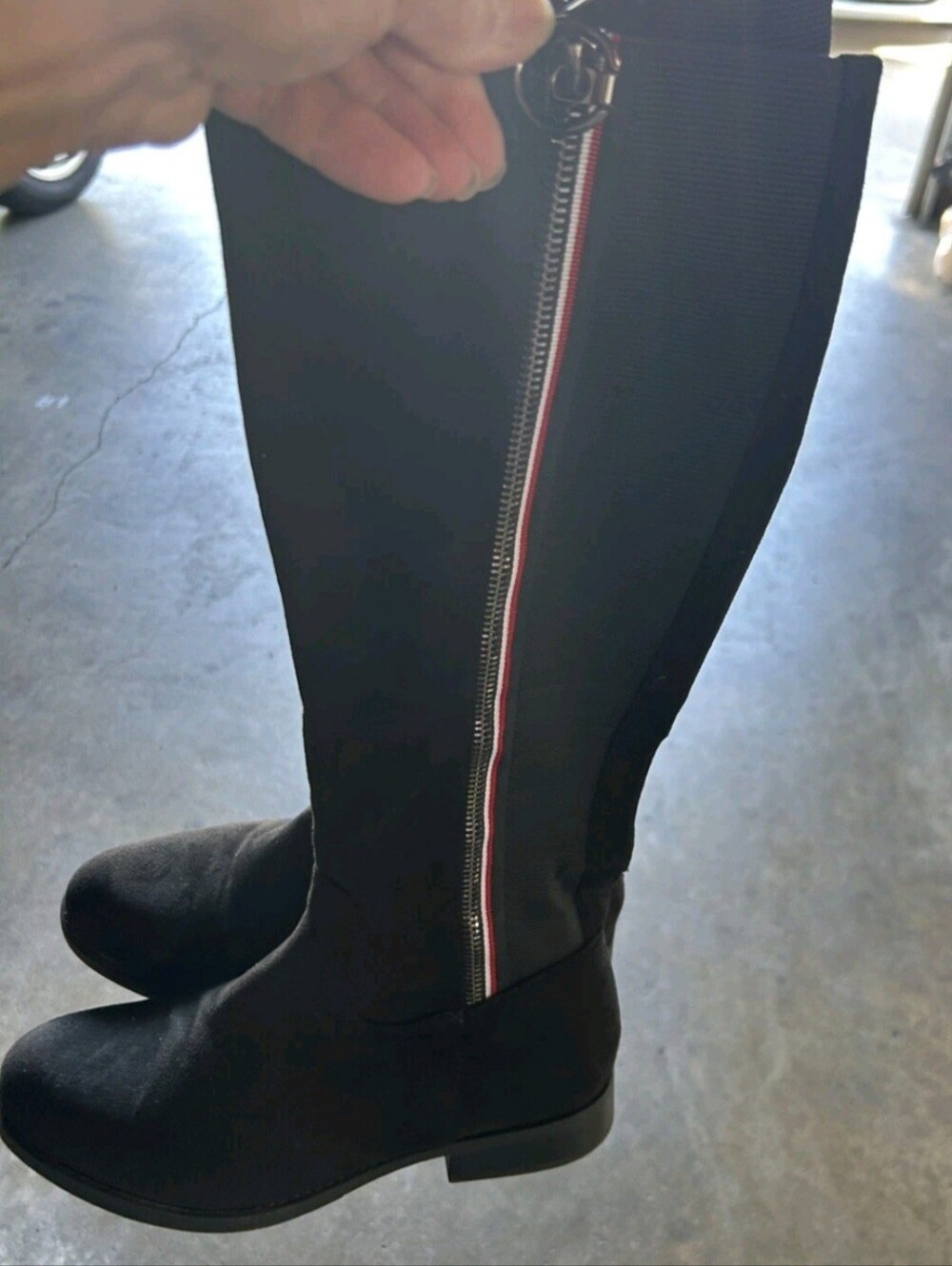 Black Suede Boots, red zipper Fitted Sz 8